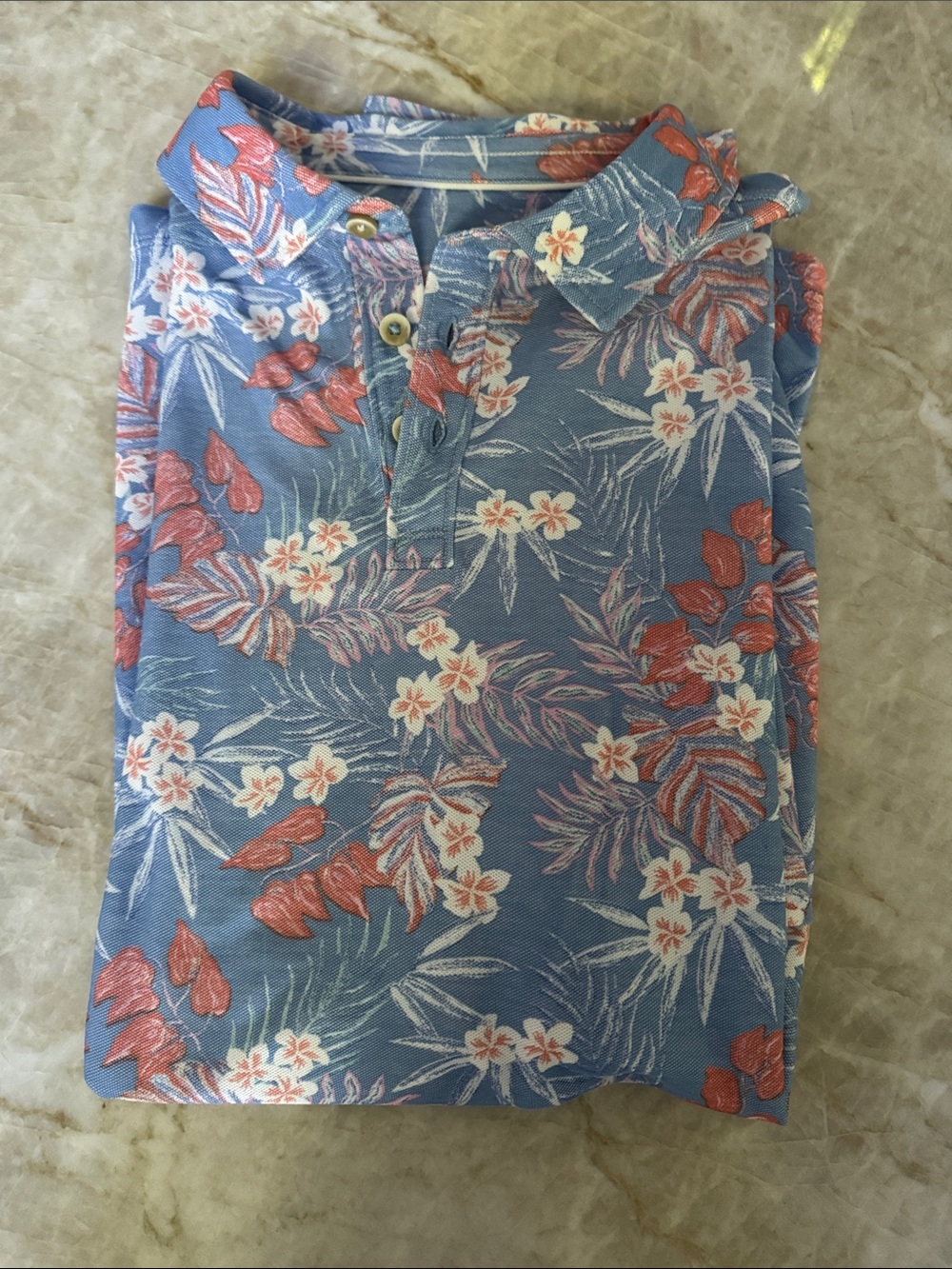 Tommy Bahama Blue Floral Polo with Coral and White Accents